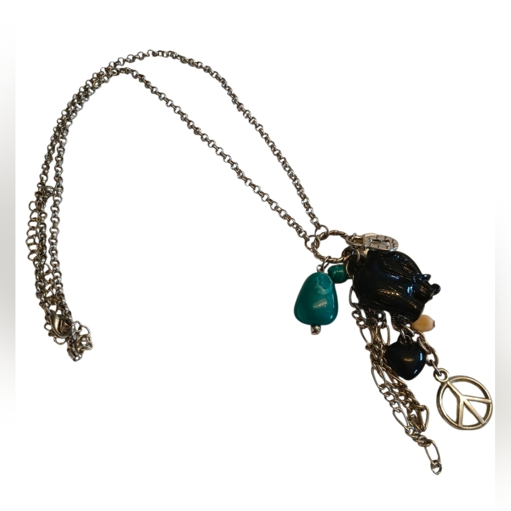 Boho-style multi-charm necklace, a peace sign, lock, elephant, heart charms 15" - Picture 3 of 3